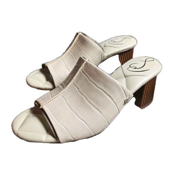 Sam Edelman Sonya Eggshell Sandal Block Heel Croc-Embossed Faux Leathe Size 8 M - Picture 1 of 10